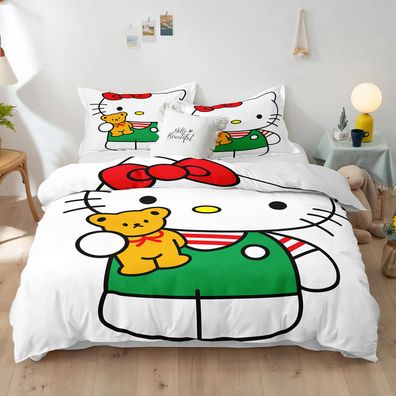 3tlg. Hello Kitty Bär Cartoon Bettbezug Set Kinder Bettwäsche Kissenbezug Geschenk
