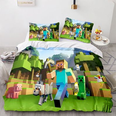 3tlg. Minecraft Steve Creeper Bettbezug Set 3D Druck Kinder Bettwäsche Kissenbezug