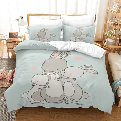 3tlg. Cartoon Bunny Hase Bettbezug Set Kawaii Kinder Bettwäsche Kissenbezug Geschenk