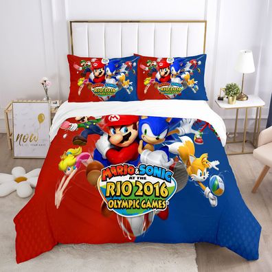 3tlg. Super Mario Sonic 3D Druck Bettbezug Set Kinder Bettwäsche Kissenbezug Geschenk