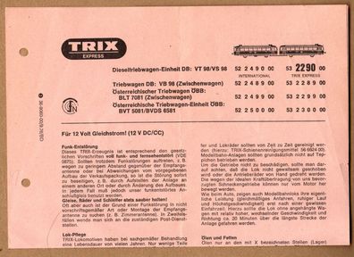 Trix Express H0 Anleitung Pflegeanleitung für 2490 2290 VT98 VS98 Schienenbus