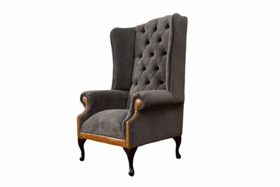 Ohrensessel Chesterfield Sofa Couch Polster 1 Sitzer Sessel Textil Grau