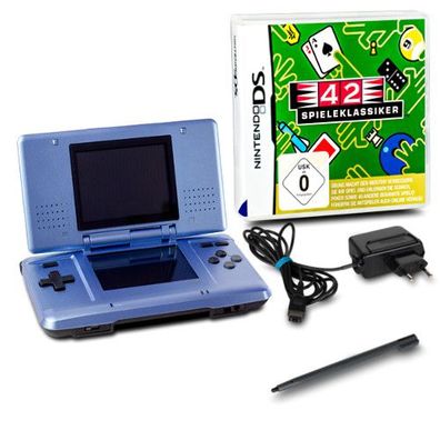 DS Handheld Konsole metallic hellblau #60A + Kabel + Spiel 42 Spieleklassiker