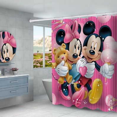 Mickey Minnie Duschvorhänge 3D Druck Badezimmer Vorhang Shower Curtain mit 12 Ringen