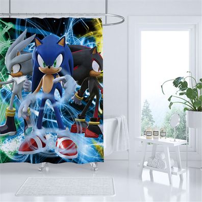 Sonic Silver Hedgehog Duschvorhänge 3D Druck Badezimmer Shower Curtain mit 12 Ringen
