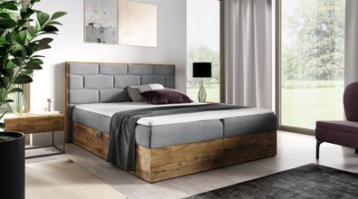 Boxspringbett Bett BEILA 180x220cm Lancelot Eiche Stoff Grau inkl. Bettkasten