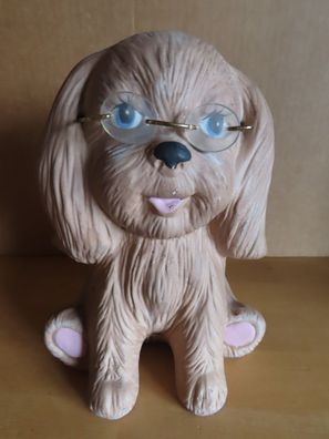 Figur Spardose Hund braun mit Brille Keramik / ca.18 cm H--Schloss Defekt