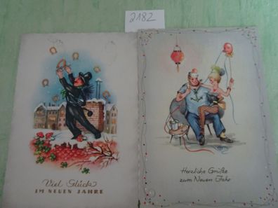 2 alte Postkarten AK EAS Schwerdtfeger 9513 9518 Schornsteinfeger Party Neujahr RAR