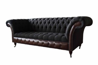 Chesterfield 3 Sitzer Sofa Couch Leder Polster Sitz Stoff Schwarz Neu