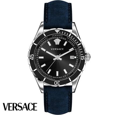 Versace VE3A00220 Hellenyium silber schwarz blau Leder Armband Uhr Herren NEU