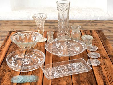 Sammlung Konvolut 18x Bleikistall Glas Antik Alt Vasen Kuchenteller Untersetzter