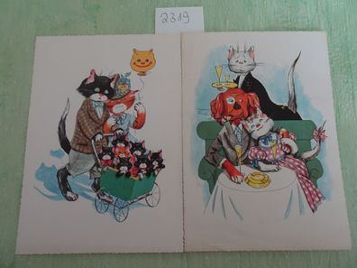 2 alte Postkarten AK Anco Germany Serie 270 tierischer Humor Katze Hund Familie Liebe