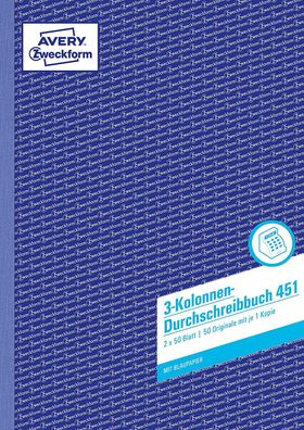 AVERY Zweckform 451 Kolonnen-Durchschreibbuch 3 Kolonnen (A4, mit 1 Blatt Blaupapi...