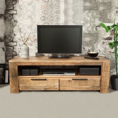 cagü: Design TV-Tisch TAMAN Natur Mangoholz massiv 2 Schubladen und Fach 130cm