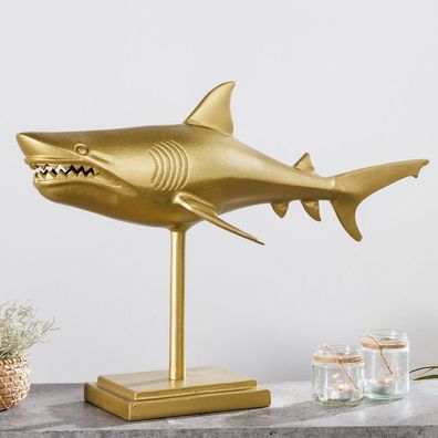 cagü: Design Deko Skulptur Tigerhai Hai NICO Gold mit Standfuß Aluminium 103cm