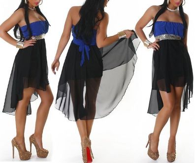 SeXy Damen Vokuhila Chiffon Mini Kleid Bandeau Pailletten 34/36/38 blau schwarz