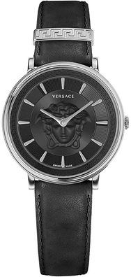 Versace VE8102619 V-Circle Lady silber schwarz Leder Armband Uhr Damen NEU