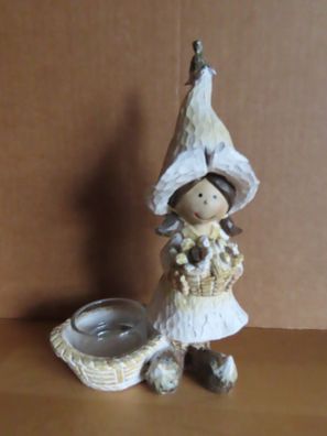 Figur Teelichthalter mit Glas Mädchen mit Blumenhut weiß braun/ ca. 19 cm H