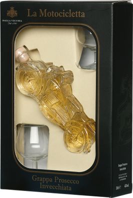 Grappa Prosecco Invecchiatl form eines Motorrads mit 2 Gläser