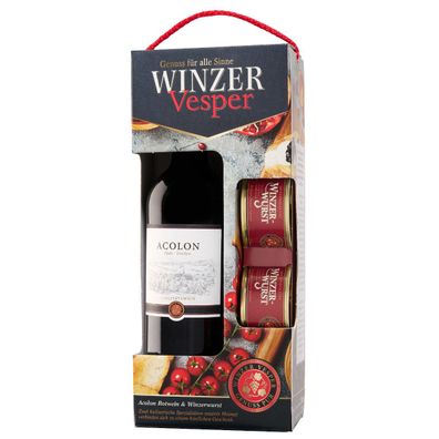 Winzervesper Geschenkverpackung Rotwein 750ml und Winzerwurst 2 x 125g