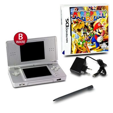 DS Lite Handheld Konsole Silber #73B + Ähnl. Ladekabel + Spiel Mario Party DS
