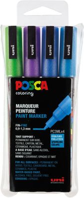 uni-ball 186512 - POSCA Marker mit feiner Rundspitze, 4er Set, Glitter kalte Farben