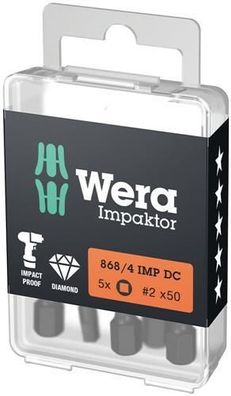 Wera 868/4 IMP DC DIY Impaktor Innenvierkant Bits, # 3 x 50 mm, 5-teilig