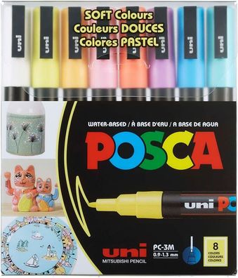 uni Posca PC3M Stift mit feiner Spitze, weiche Farben, 8 Stück