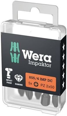 Wera 855/4 IMP DC PZ DIY Impaktor Bits, PZ 2 x 50 mm, 5-teilig