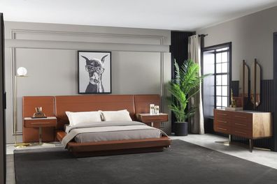 Luxus Schlafzimmer Set Orange Terrakotta Bett Leder Kommode Nachttisch 4tlg.
