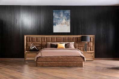 Schlafzimmer Set Bett + Nachttische Luxus Doppel Braun Hotelbetten Betten