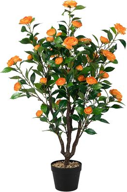 100 cm Kunstbaum mit Blüten, Künstlicher Kamelienbaum, Kunstpflanze im Topf