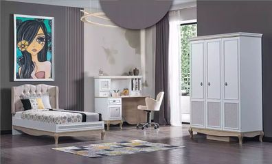 Kinder Jugendzimmer Bett + Schreibtisch + weißer Kleiderschrank 3-teilige Möbel