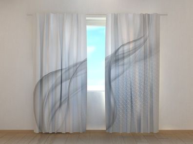 Fotogardine grau/ weiße Abstraktion, Fotovorhang mit Motiv, Digitaldruck, auf Maß
