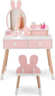 Kinder Schminktisch Set mit Kaninchen Design, 2-in-1-Frisiertisch mit Spiegel