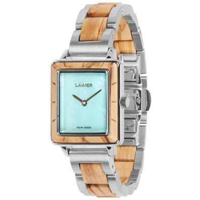 LAiMER Damen Uhr 0190 Olivia Olivenholz, Edelstahl, Perlmutt hellblau