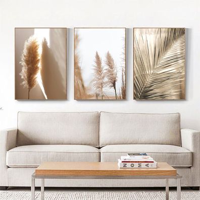 Poster »Art Modern Poster Set of 3 Frameless Gold Botanical Reed Decor Painted Core P