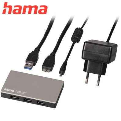 Hama 4-Port USB Hub + Netzteil Power Adapter Multiport Aluminium Mac Windows NEU