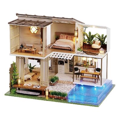 3D-Puzzle DIY holz Miniaturhaus Modellbausatz Puppenhaus Chalet mit Pool