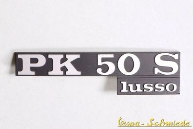 VESPA Emblem Schriftzug Seitenhaube - "PK50S lusso" / PK 50 S - Gepäckfach Chrom