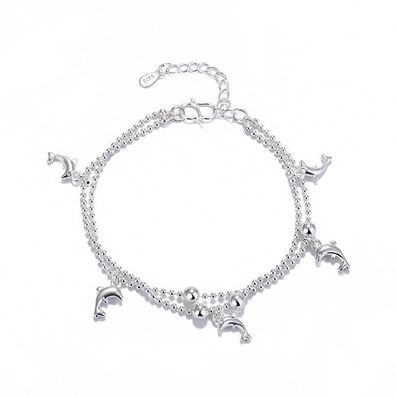 Delfin- und Perlen-Doppelschicht-Silberarmband, verstellbare Länge