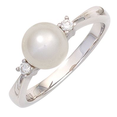 Damen Ring 585 Gold Weißgold Süßwasser Perle 2 Diamanten Brillanten Perlenring.