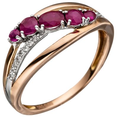 Damen Ring 585 Gold Rotgold 5 Rubine 16 Diamanten Brillanten Rubinring