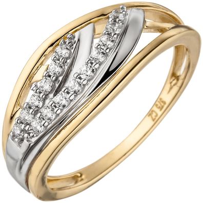 Damen Ring 375 Gold Gelbgold bicolor 15 Zirkonia Goldring Breite ca. 8,5 mm