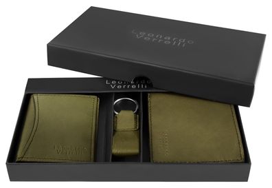 Leonardo Verrelli Geschenkset 3-teilig, RFDI-Schutz, echt Leder, schwarz, khaki, Neu