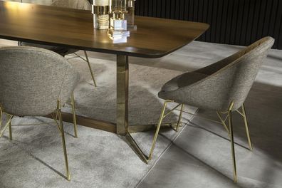 Lehnstuhl Stuhl Grau Polster Textil Küchenstuhl Goldene Beine Stühle