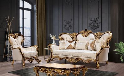 Sofagarnitur 3 + 1 Sitzer Gold Couchtisch Klassisch Wohnzimmer Set 3tlg.