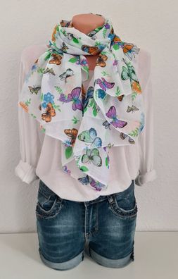 Italy Blogger Schal Halstuch Seide/ Baumwolle asymetrisch Schmetterlinge Weiß