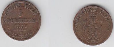 5 Pfennige Kupfer Münze Sachsen 1862 B (104396)