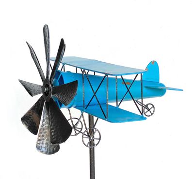 DanDiBo Gartenstecker Metall Flugzeug XL 160 cm Doppeldecker Blau 96099 Windspie
